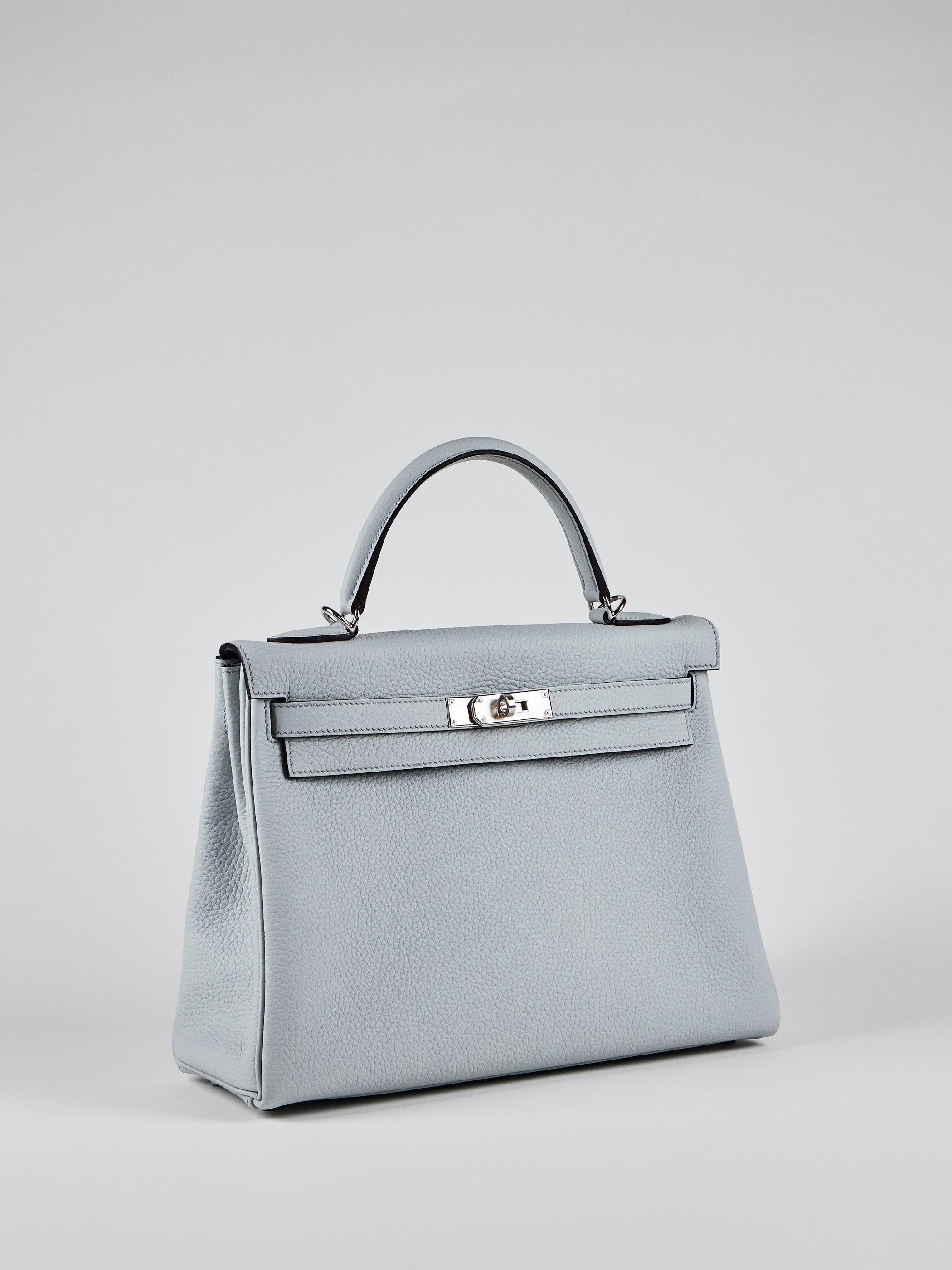 HERMÈS KELLY 32CM BLUE PALE Clemence Leather with Palladium Hardware