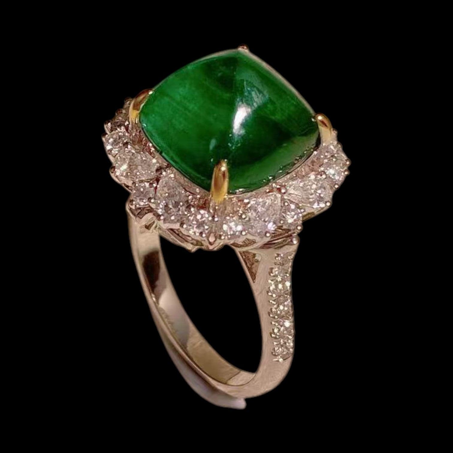 8.24ct "Verdant Green" Emerald & 1.53ct Diamond Sugarloaf Ring set in 18K Yellow Gold