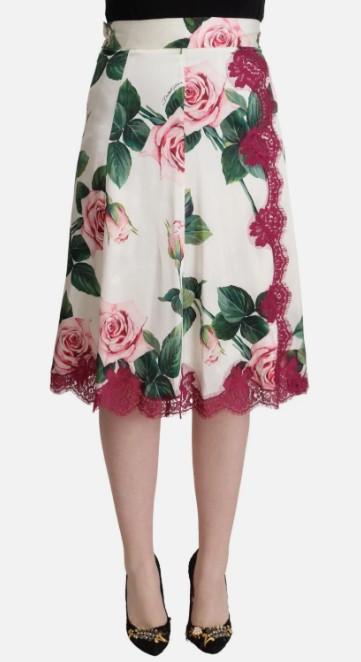 Dolce & Gabbana  Skirt A-line White Rose Print High Waist Midi DG173F