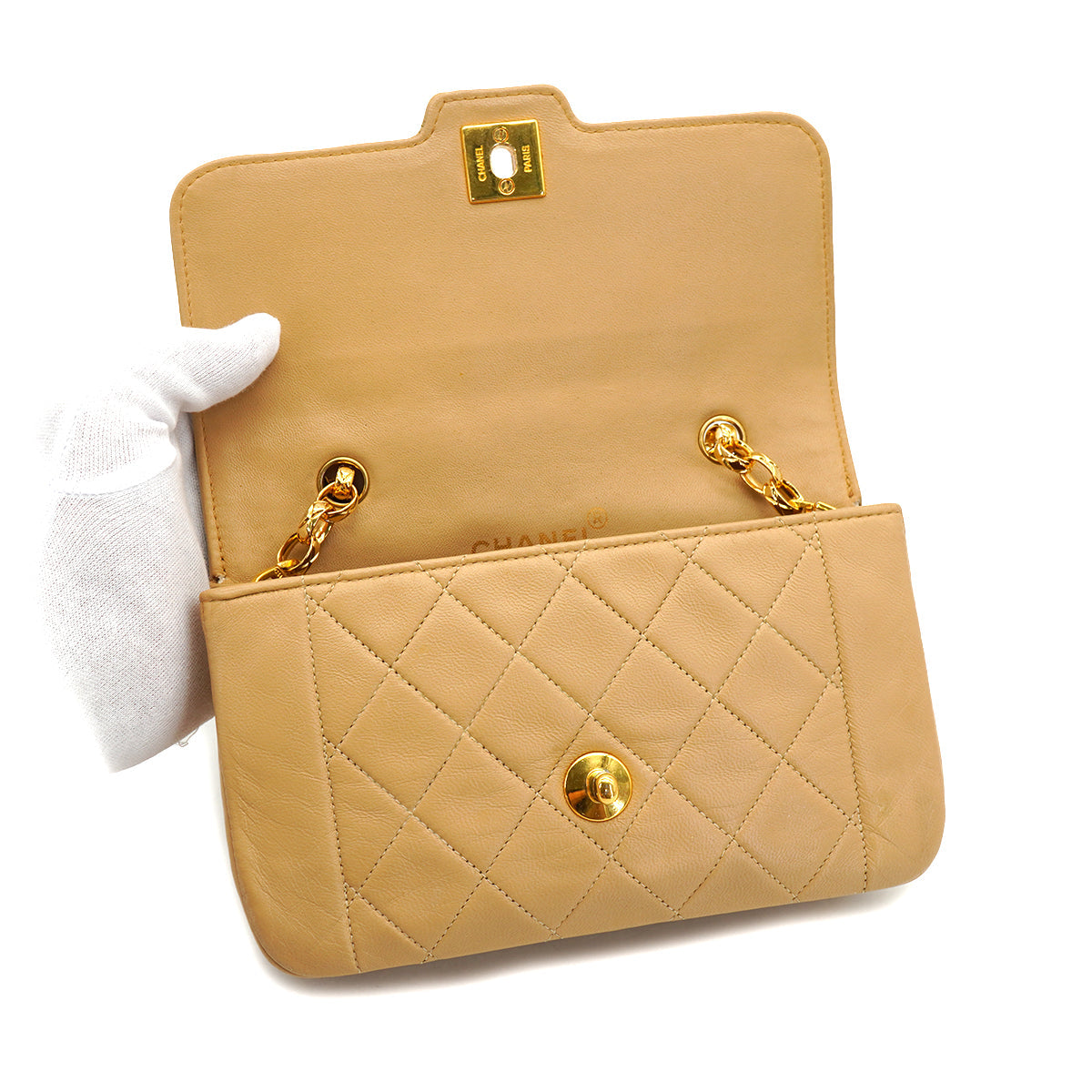VINTAGE CHANEL MINI MATELASSE CHAIN SHOULDER BAG BEIGE LAMB SKIN GOLD HARDWARE 90333735