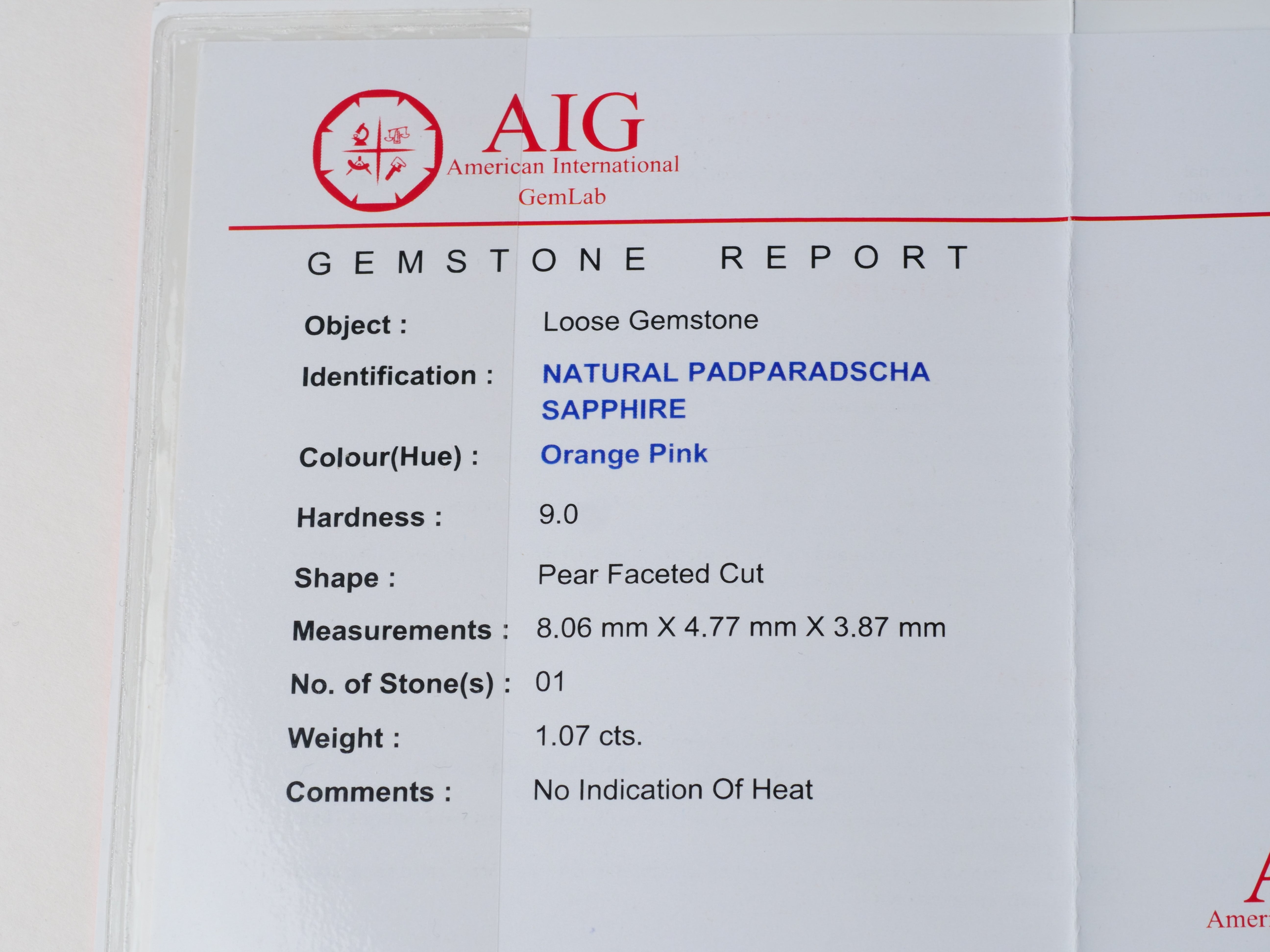 Certified No heat 1.07ct Padparadscha Sapphire