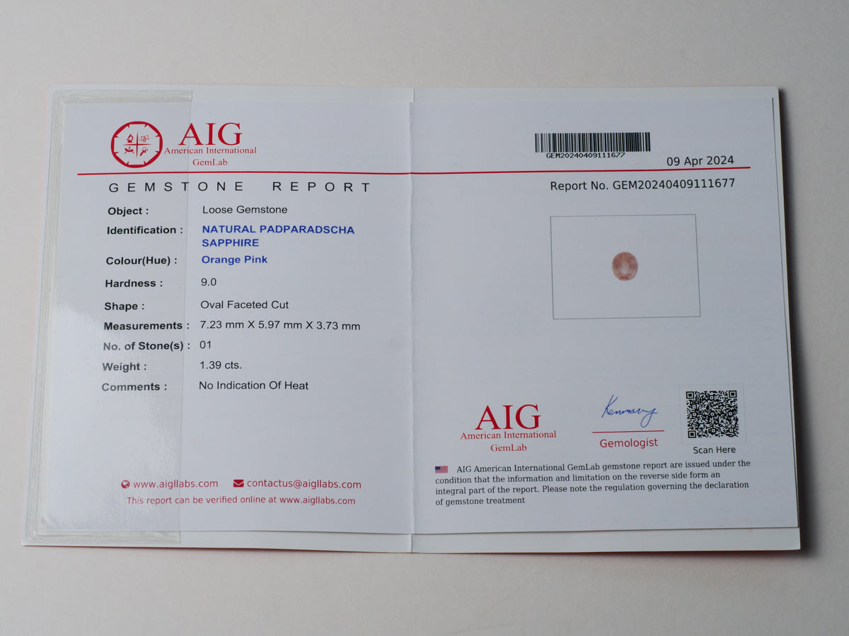 Certified No heat 1.39ct Padparadscha Sapphire