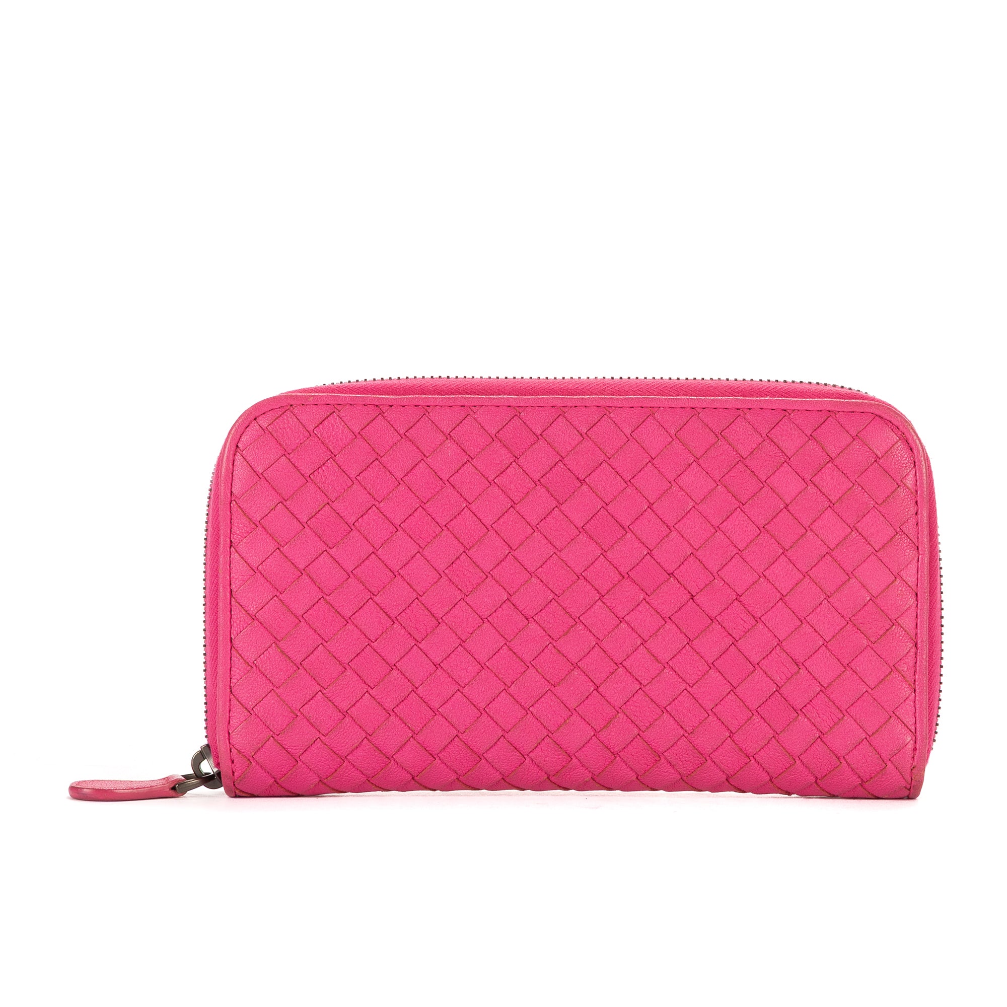 Bottega Veneta Pink Calf Leather Intrecciato Zip Around Wallet OAG8348