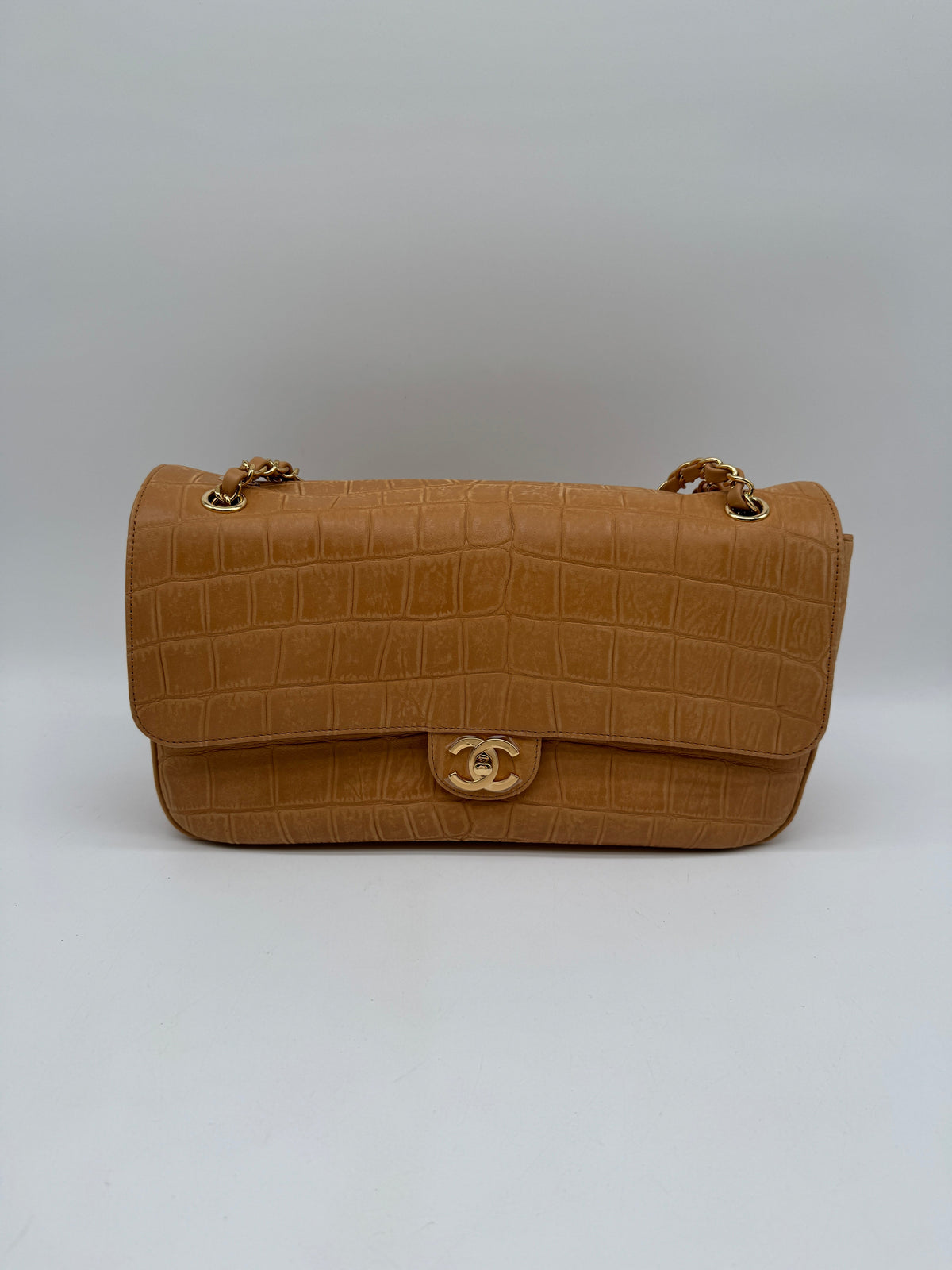 Chanel Maxi Flap Bag 32 Camel Suede Crocodile-embossed Calfskin Gold-Tone Metal