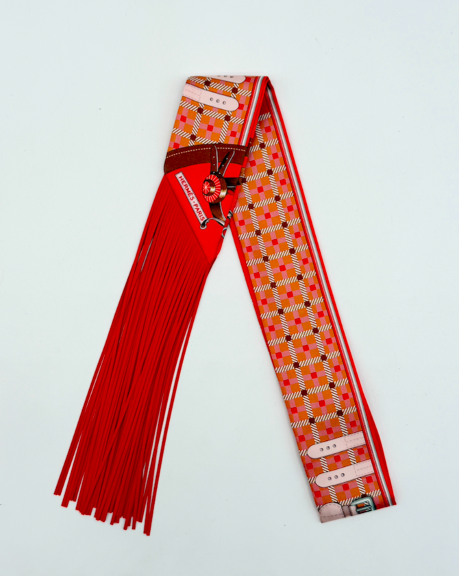 Hermès Les Voitures Nouvelles Leather Fringes Twilly Abricot / Vermillon / Vieux Rose
