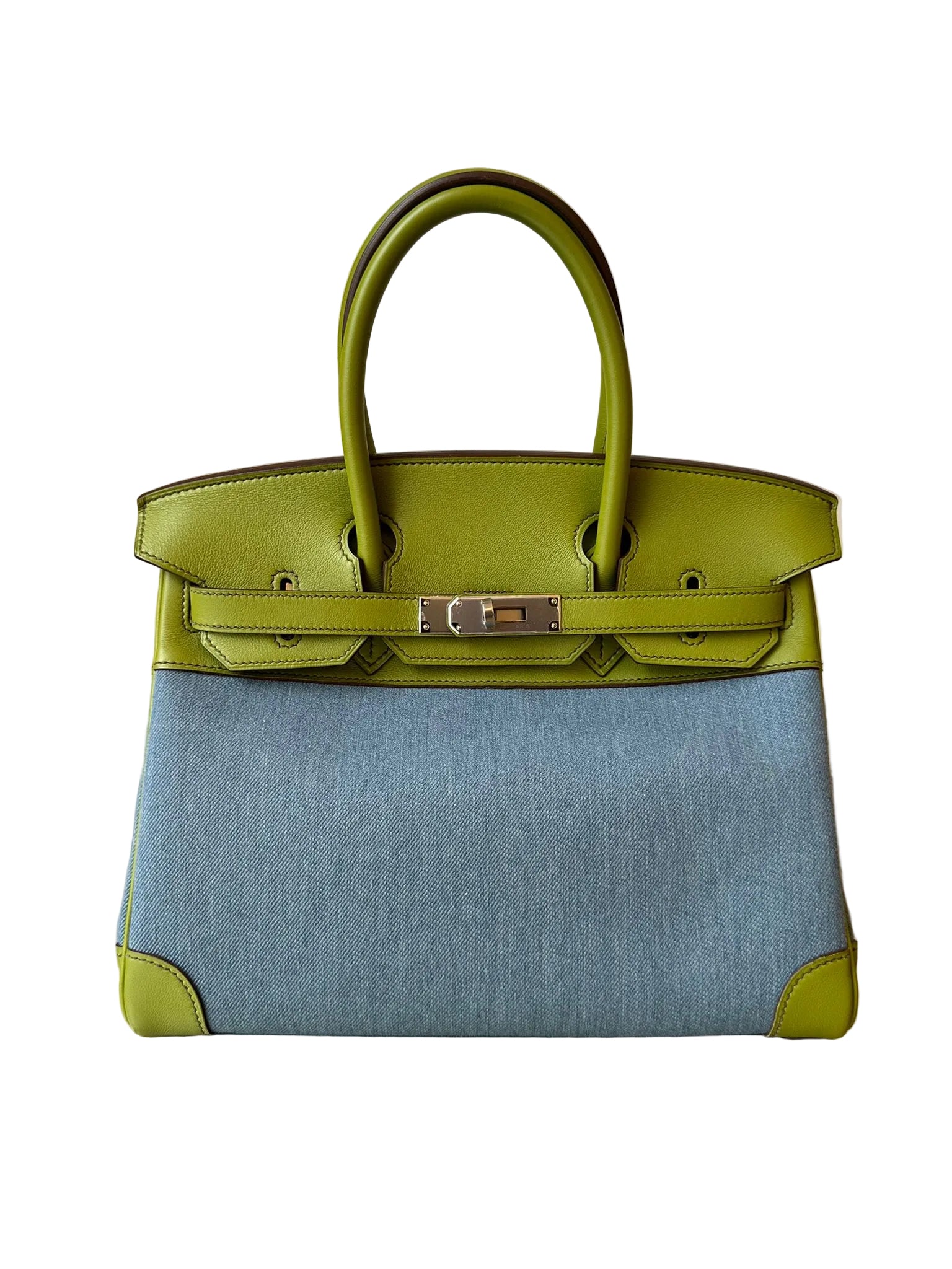 *LONDON LOCATED* PRELOVED HERMÈS BIRKIN 30CM VERT ANIS Swift Leather and Denim Toile with Palladium Hardware