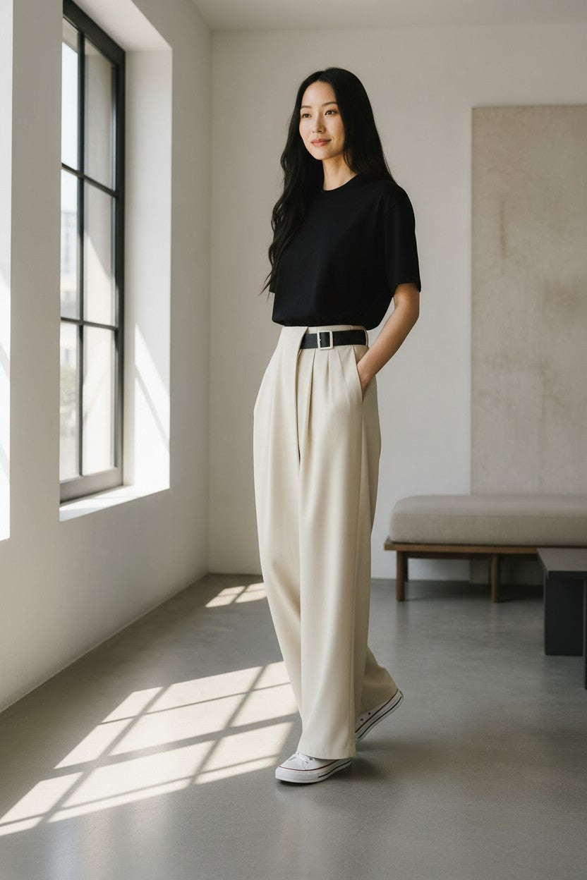 PLEATED WIDE-LEG TAILORED TROUSERS (بنطلون) “BUKCHON” DXBS6425