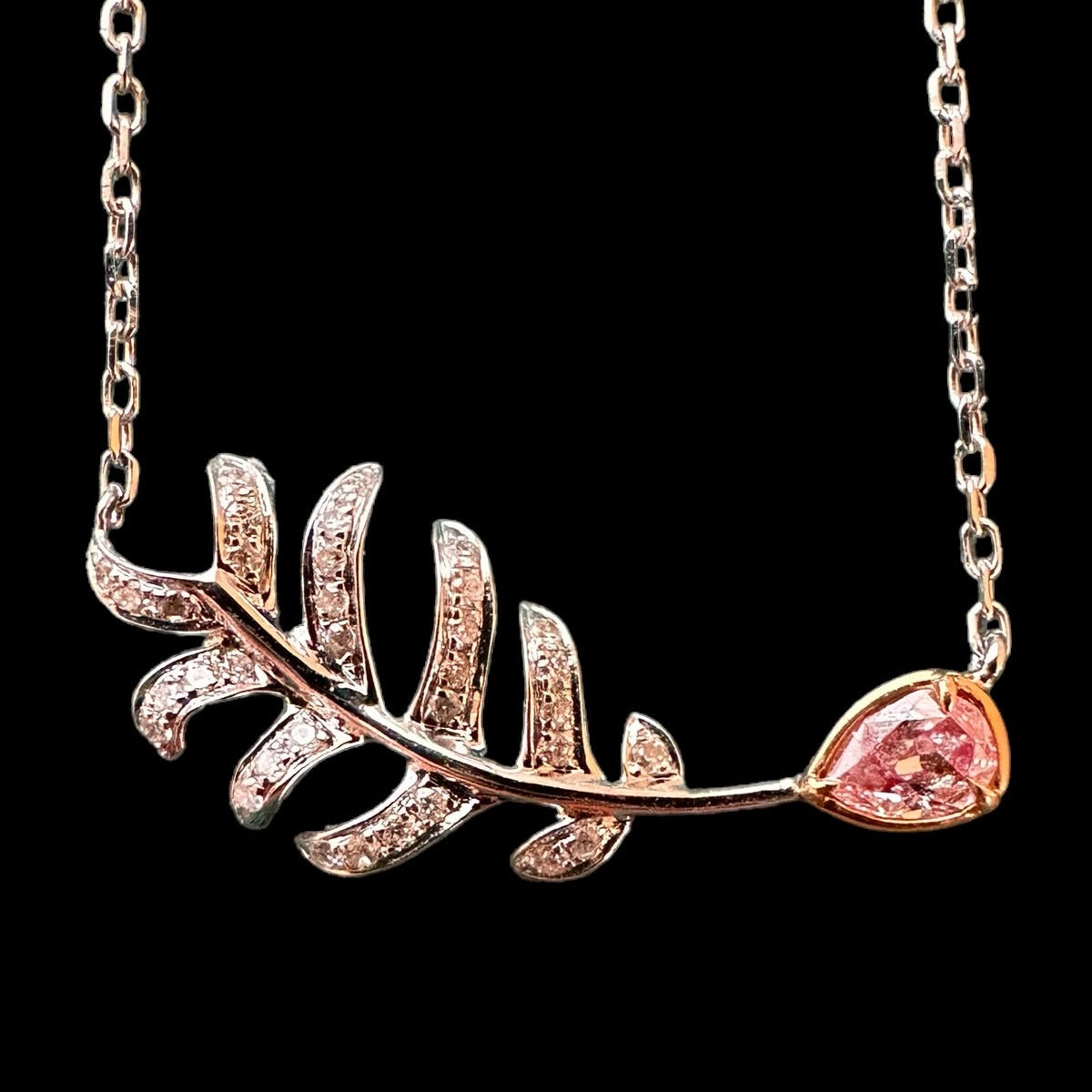 0.128ct Pink Diamond with 0.094ct Surrounding Diamond Leaf Necklace set in 18K White Gold