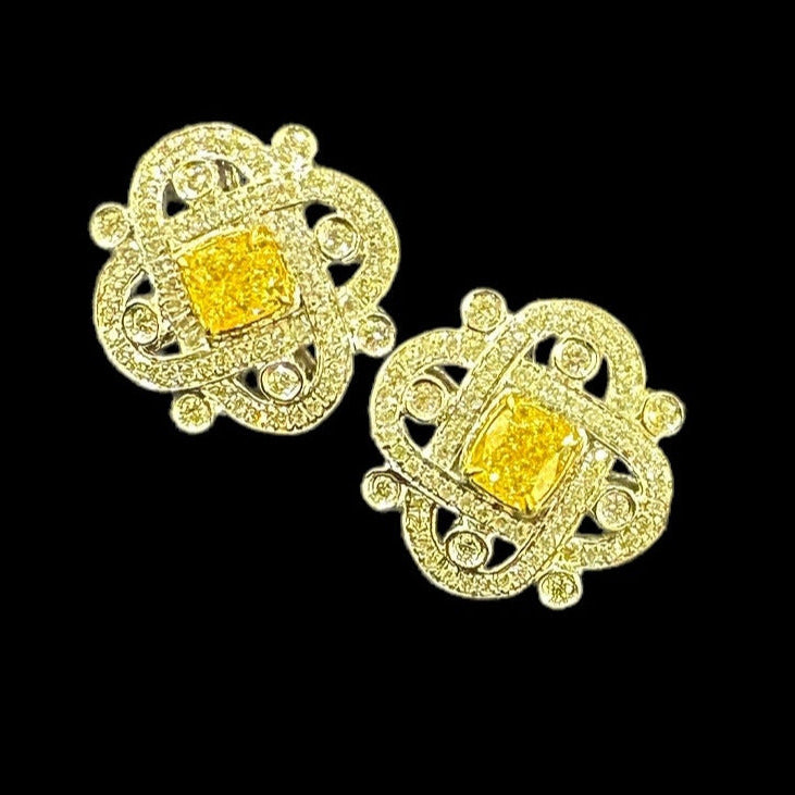 0.484ct Yellow Diamond & 0.301ct White Diamond Earrings set in 18K White Gold