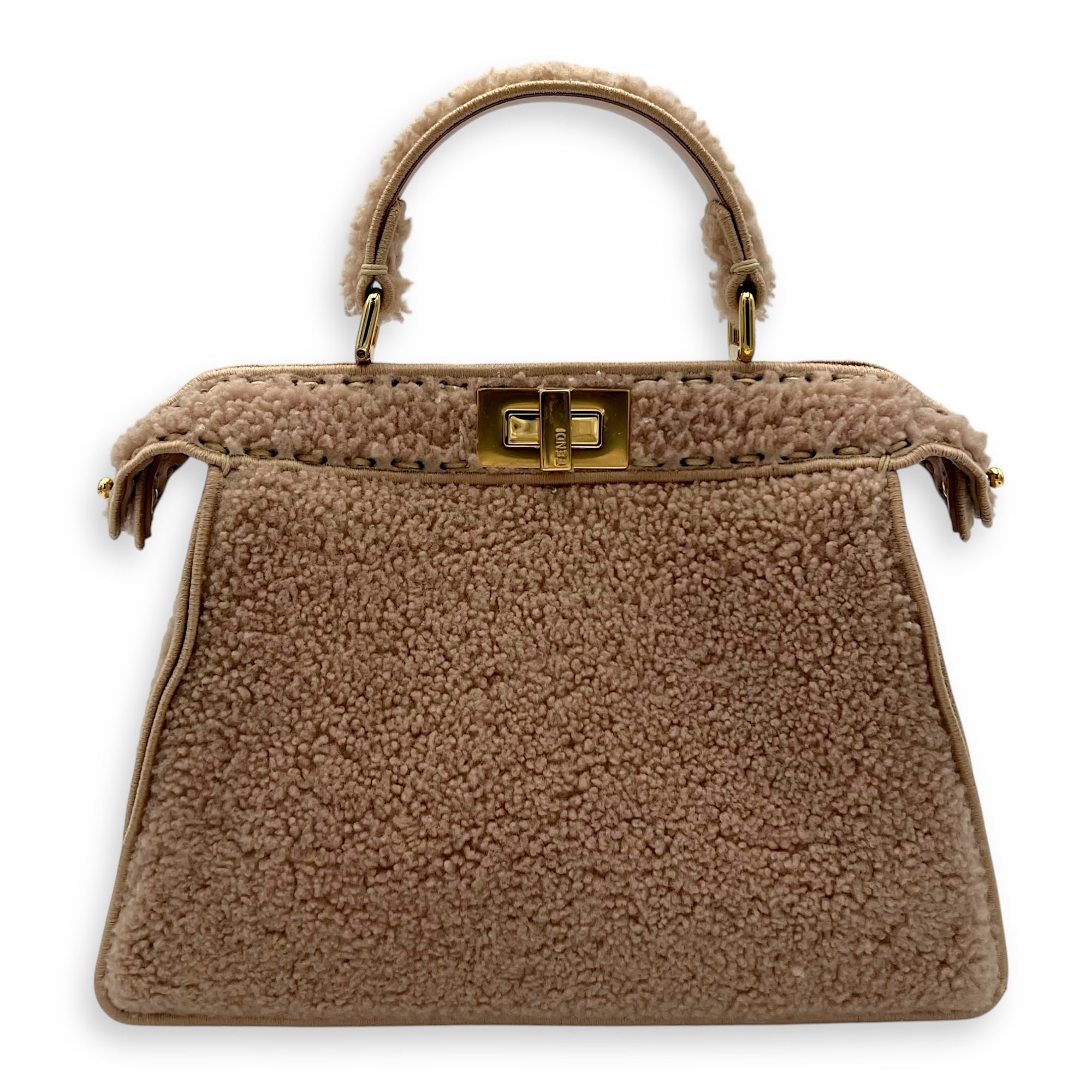 Fendi Iseeu Small Beige Top Handle Bag in Shearling, Gold hardware S2506-006781DT