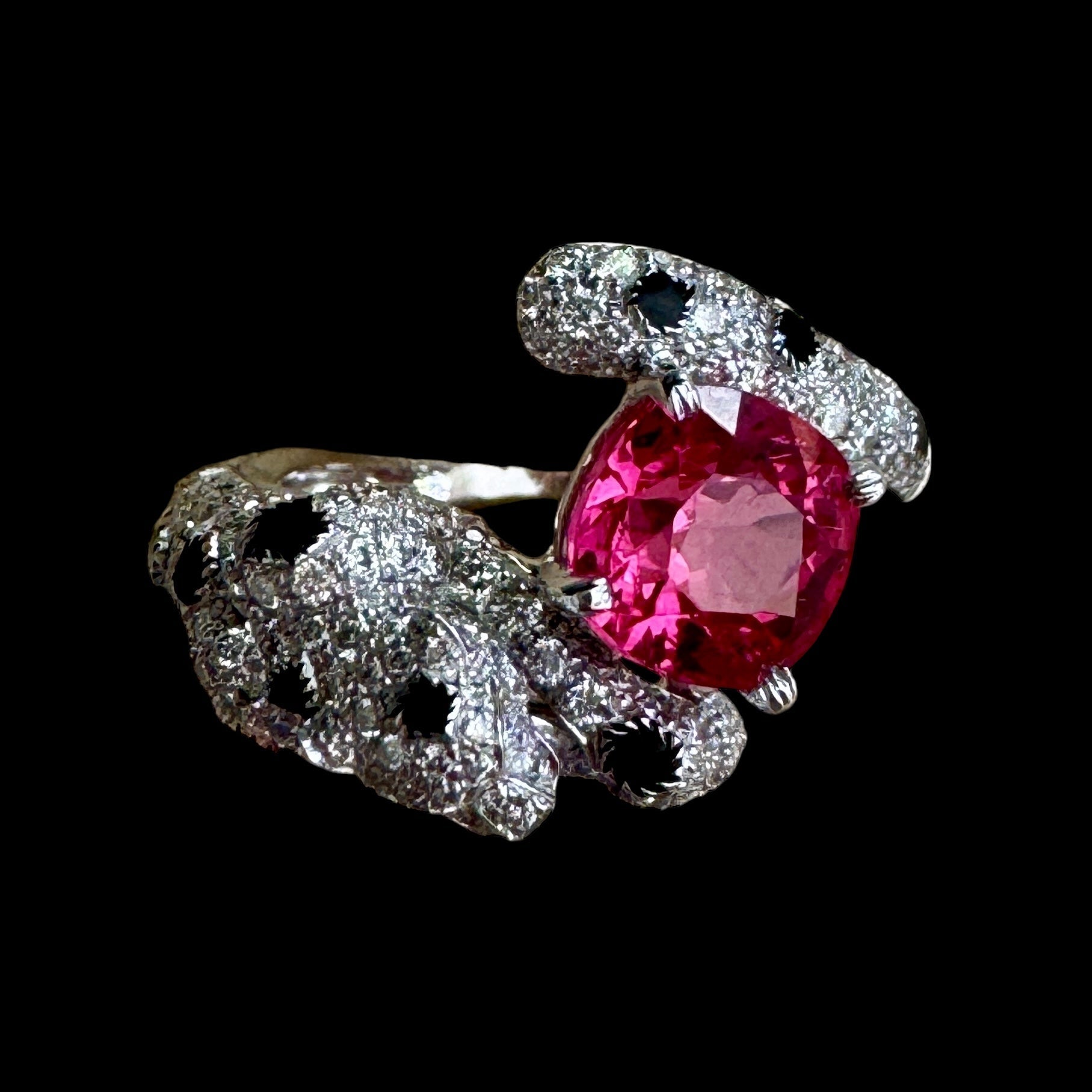 Burmese 2.23ct Hot Pink Spinel & Natural Diamond Panther Ring set in 18K White Gold