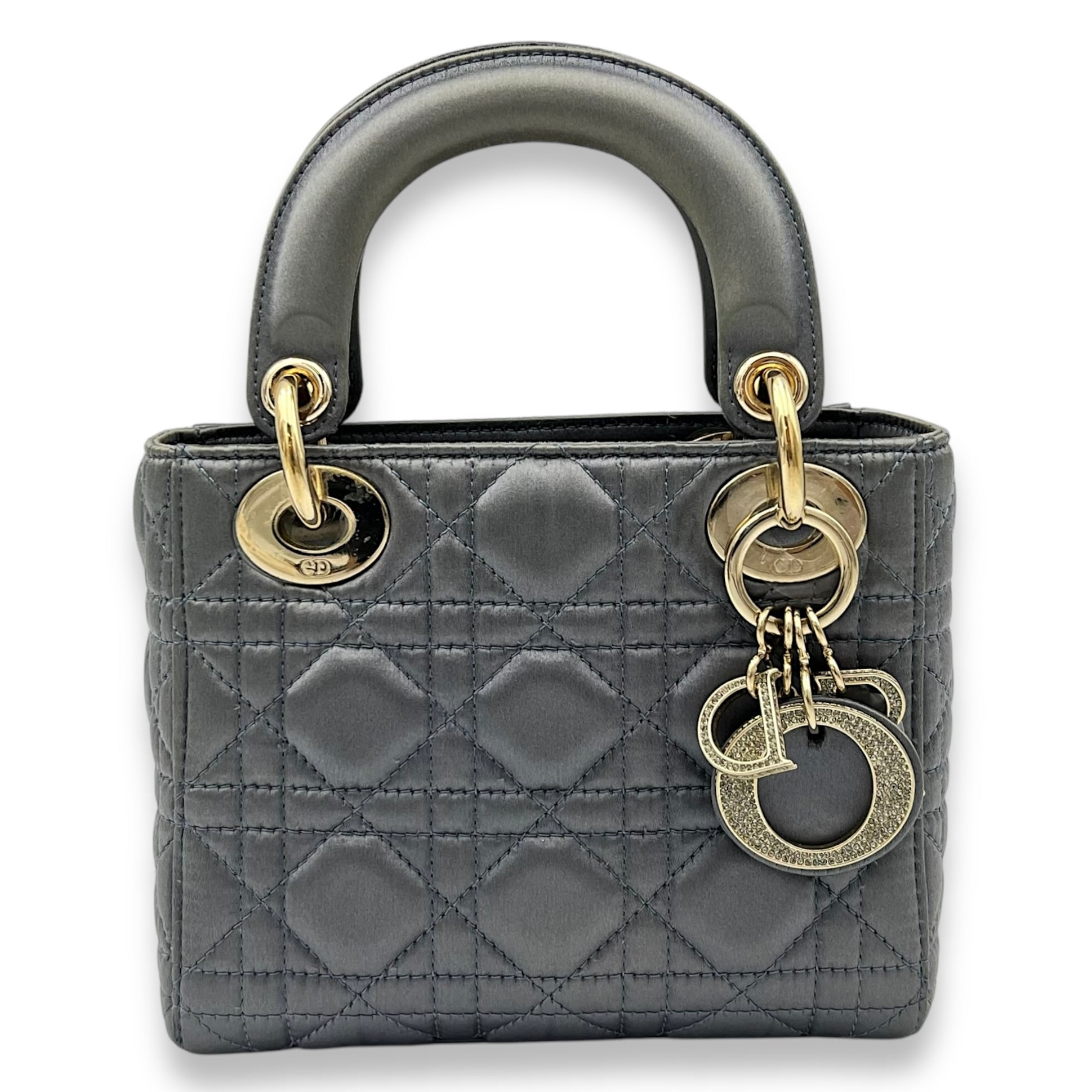 Dior Lady Dior Top Handle Bag Mini Grey in Satin, Gold hardware S2412-003455VZ