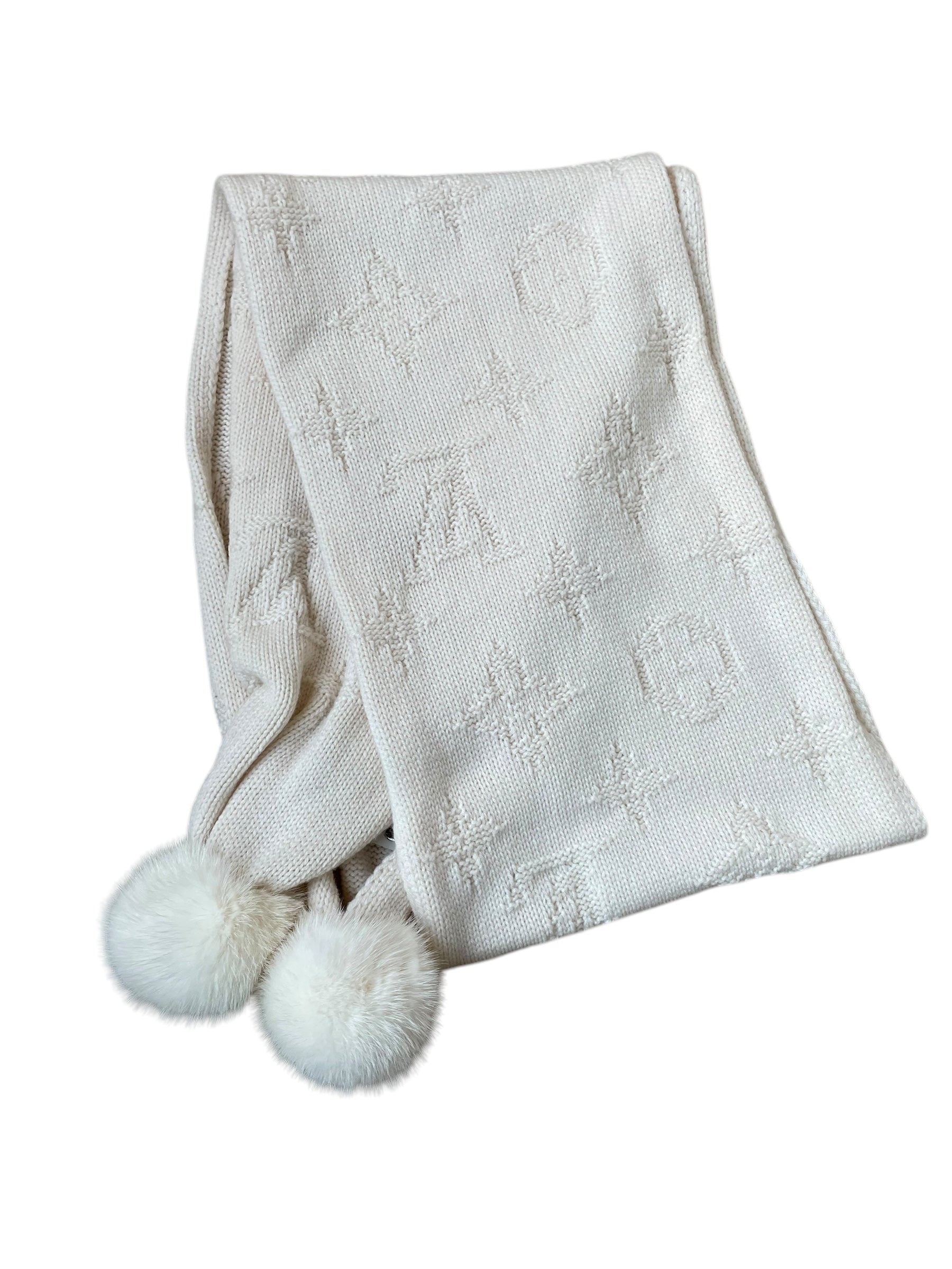 Louis Vuitton Monogram Knit Scarf with Rabbit Fur Poms White DXBK0149