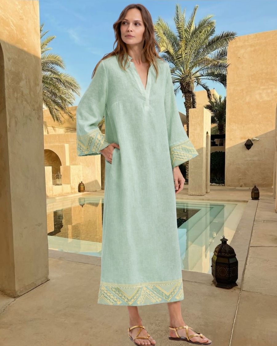 Pyramids Long-Sleeved Embroidered Linen Maxi Dress - Sage Gold