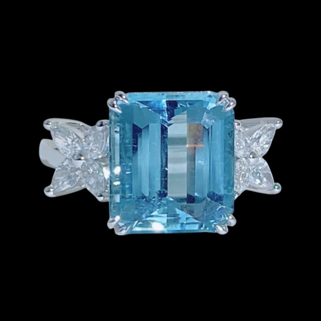 4.57ct "Exceptional Santa Maria" Emerald Cut Aquamarine with 0.57ct Marquise Cut Diamond Ring set in 18K White Gold