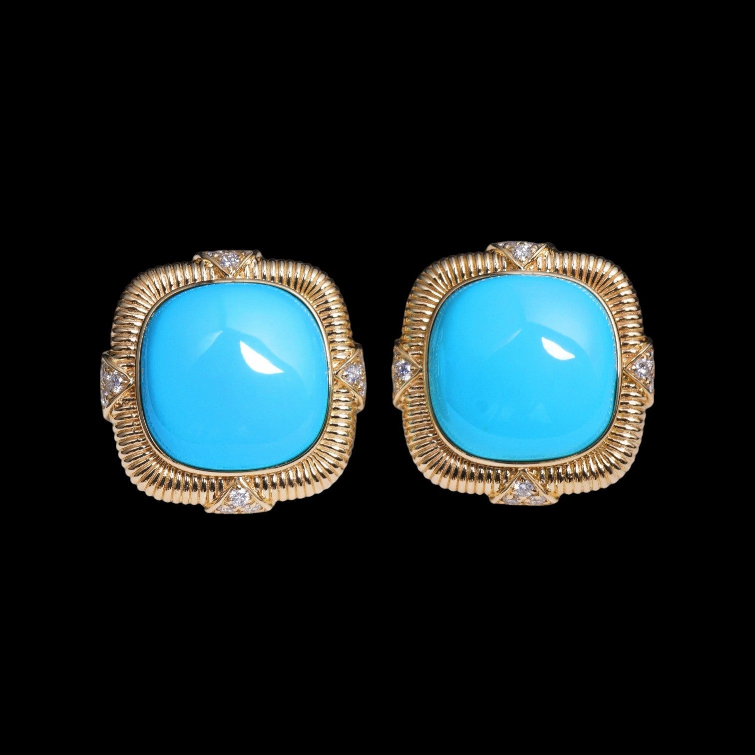 10.66ct Untreated Natural Turquoise & 0.24ct Diamond Earrings set in 18K Yellow Gold