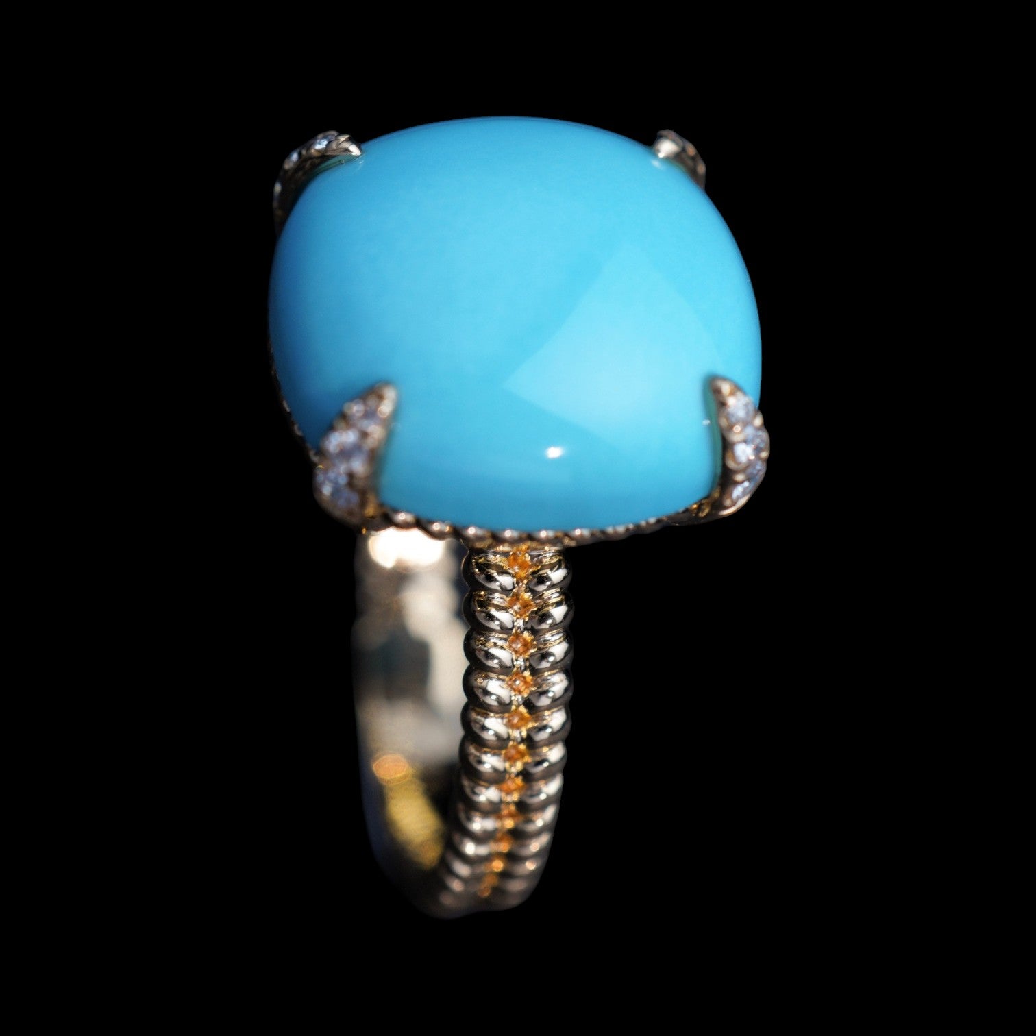 8.66ct Untreated Turquoise & 0.11ct White Diamond Ring set in 18K Yellow Gold