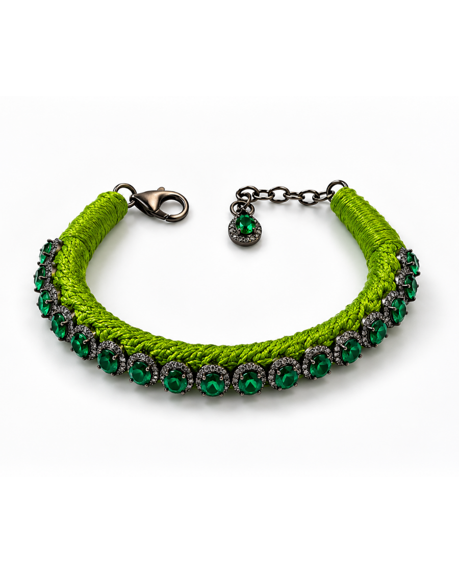 Diamond-encrusted Sterling Silver Friendship Bracelet with Emeralds in Light Green Thread