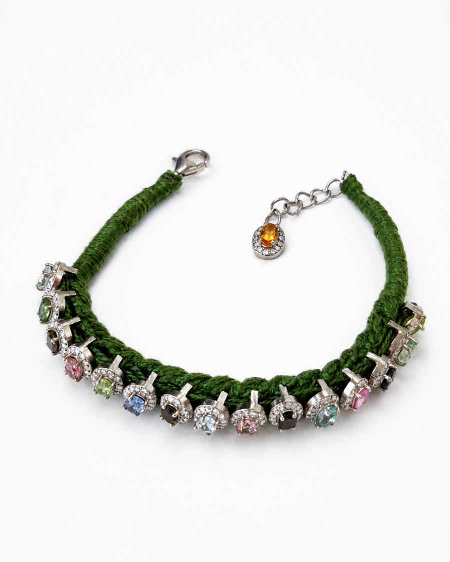 Diamond-encrusted Sterling Silver Friendship Bracelet with Multi-Tourmaline Stones in Dark Green Thread