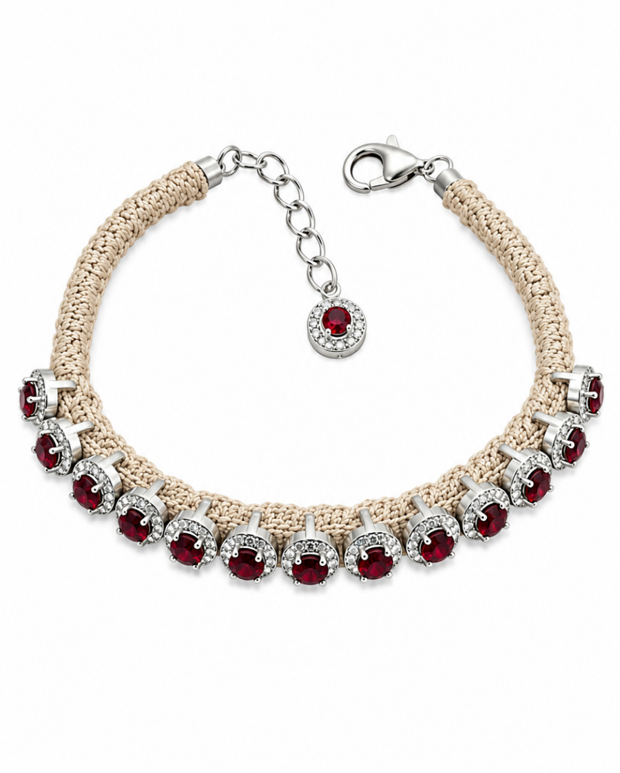 Diamond-encrusted Sterling Silver Friendship Bracelet with Garnet Stones in Beige Thread