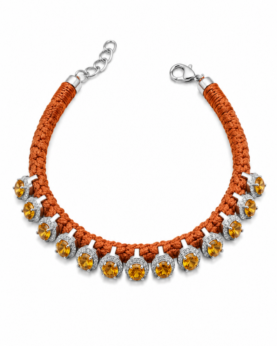 Diamond-encrusted Sterling Silver Friendship Bracelet with Citrine Stones in Terracota Thread