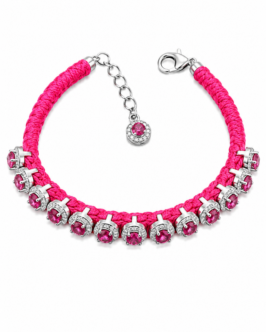 Diamond-encrusted Sterling Silver Friendship Braceletet with Ruby Stones in Hot Pink Thread