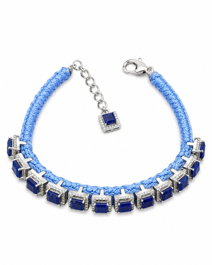 Diamond-encrusted Sterling Silver Friendship Bracelet with Sapphire Stones in Baby Blue Thread