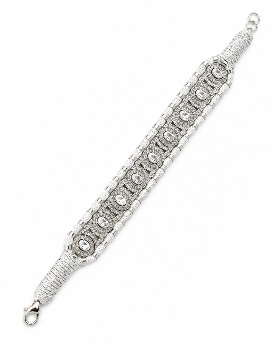 Diamond-encrusted Sterling Silver Friendship Bracelet with Topaz Stones in Silver Thread