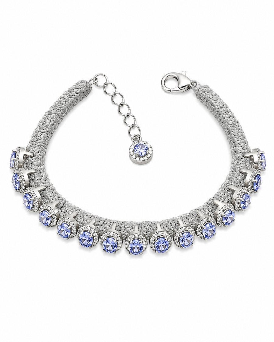 Diamond-encrusted Sterling Silver Friendship Bracelet with Tanzanite Stones in Silver Thread