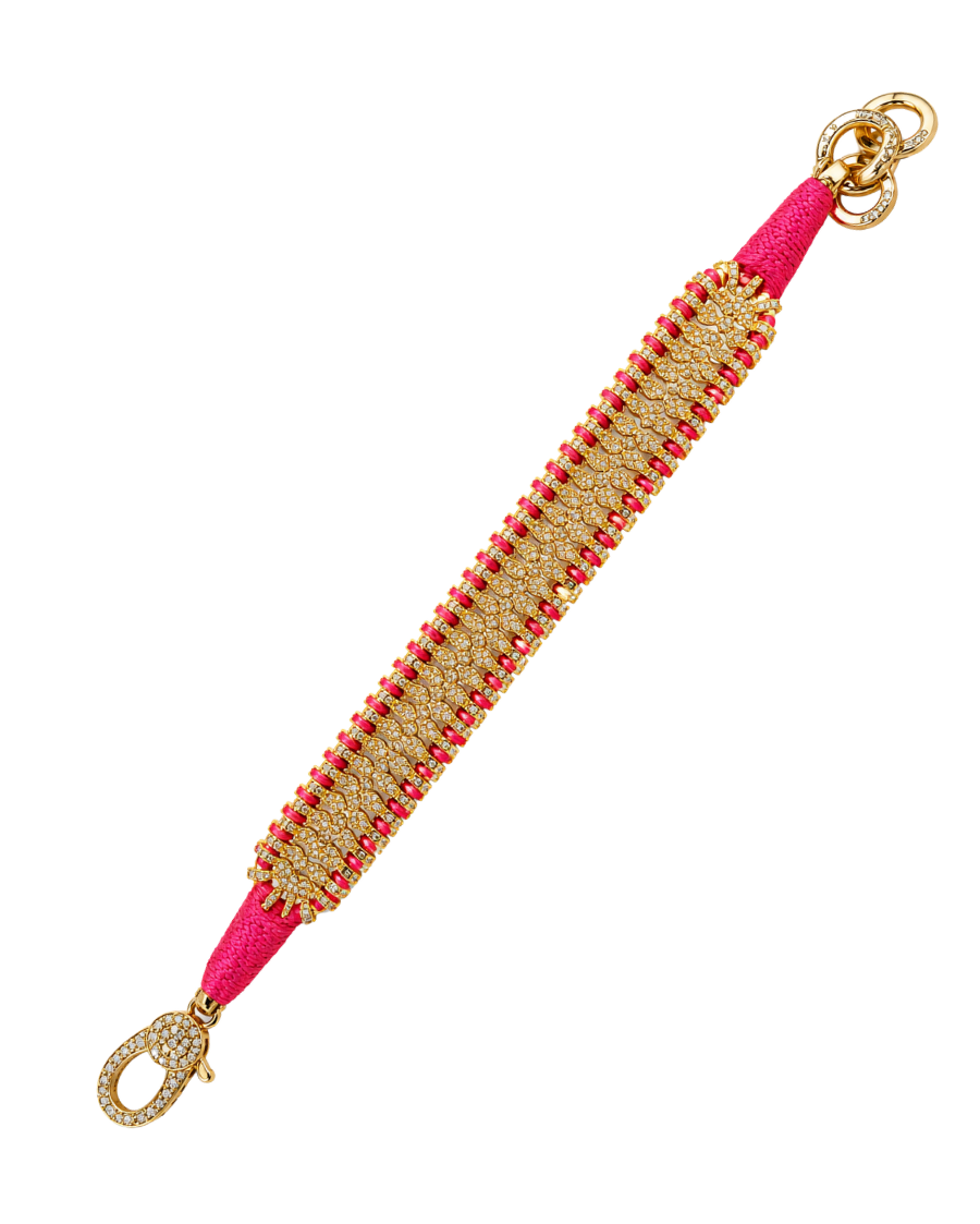 Diamond-encrusted 18K Gold Plated Sterling Silver Friendship Bracelet in Pink Thread