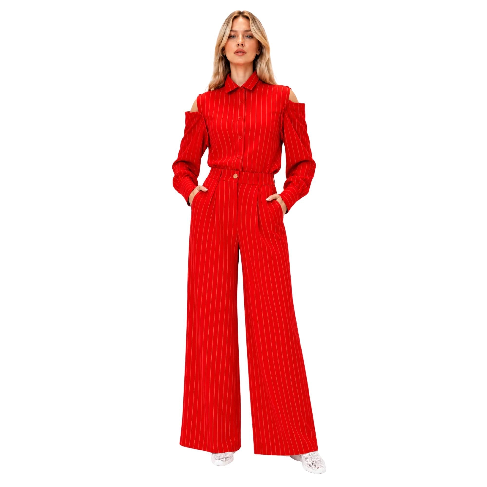 STRIPED FRONT PLEATED HIGH-WAISTED TROUSERS بنطلون “MOONSTONE”