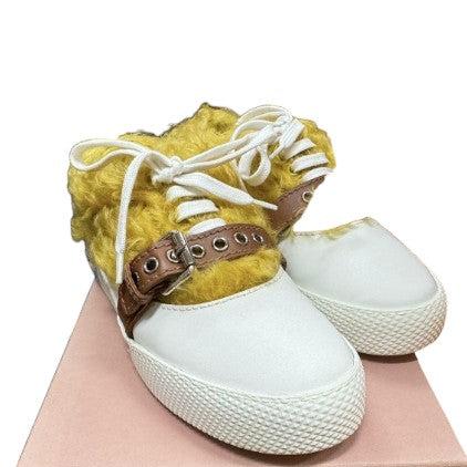 8. Miu Miu Sneakers, Lamb Fur, Leather Belt, Lace-up Shoes, White/Yellow - 38