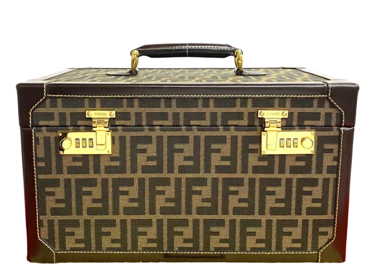 Fendi Vintage Hard Vanity Trunk Zucca Canvas Brown Calf Trim Dial Lock 6-27756