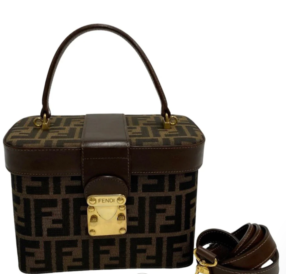 Fendi Vintage Hard Vanity Trunk Zucca Canvas Brown Calf Trim Press Lock 7-21994