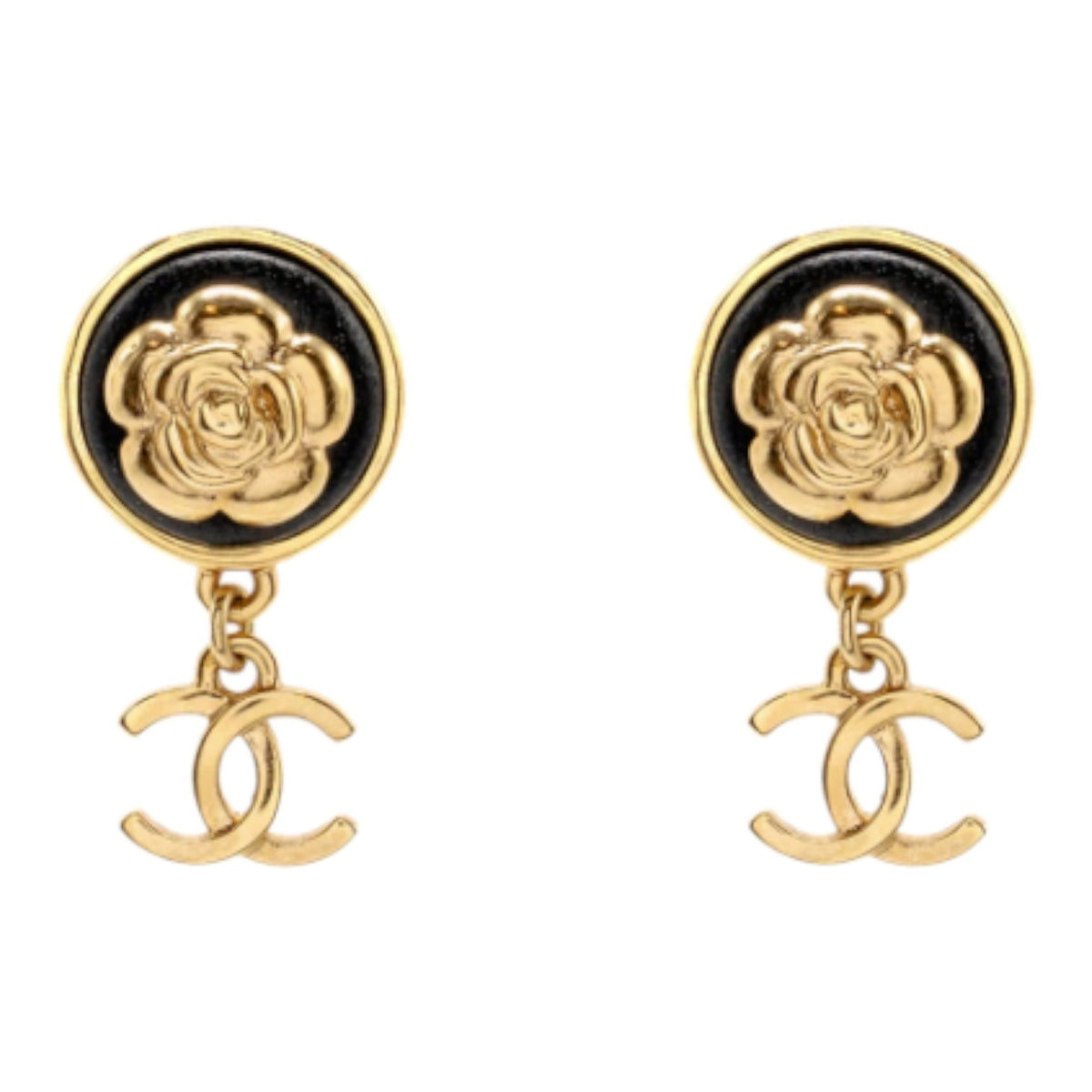 Chanel Round Camellia CC Drop Earrings Black Leather Gold Tone