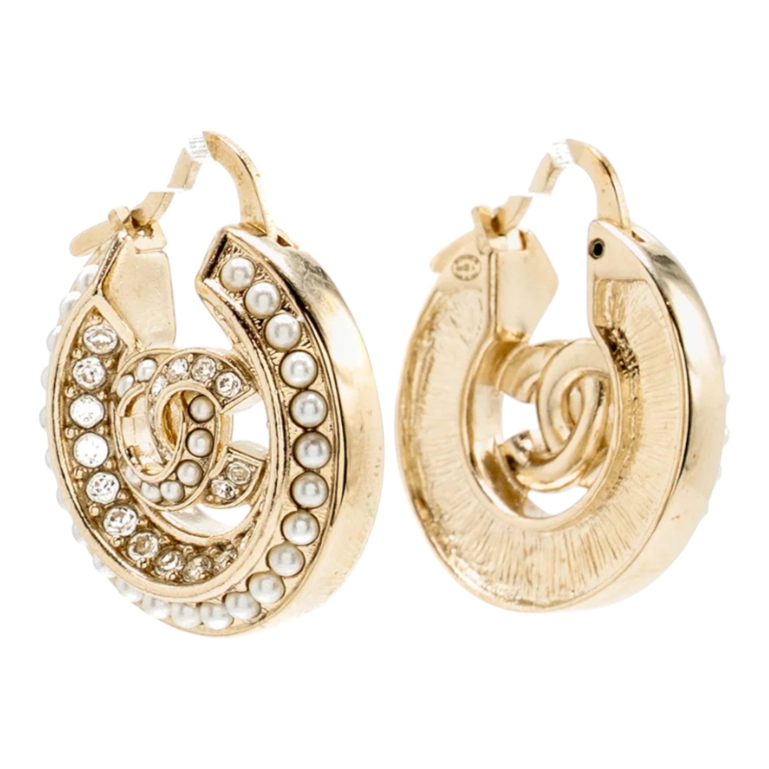 Chanel CC Hoop Earrings Pearl/Crystal Light Gold Tone - in Box