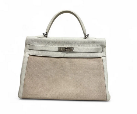 Hermes Kelly 35 Toile Clemence / Ecru White with PHW