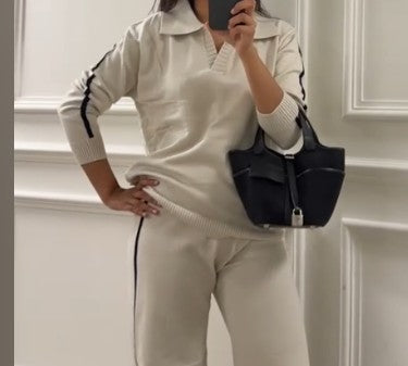 Layla Cream M/L Arm Striped Cashmere Loungewear Set  AKC0352