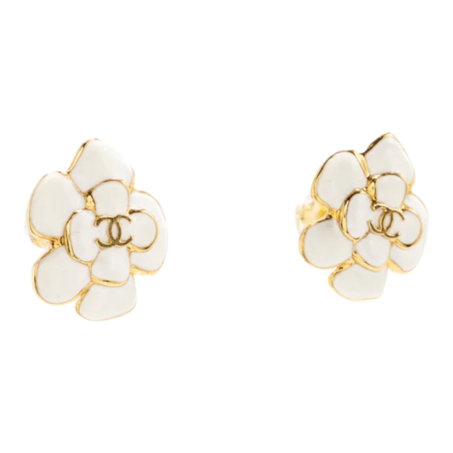 Chanel White Camellia Flower Stud Earrings Gold Tone