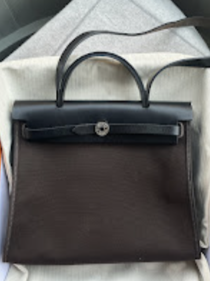 Hermes Preloved Herbag 31 Black leather brown canvas D ALTC1046