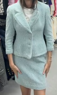 Chanel Baby Blue Tweed Blazer Skirt Set 42 102222