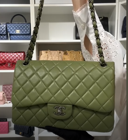 Chanel Olive Green Jumbo Classic Flap Lambskin RHW SYC2273