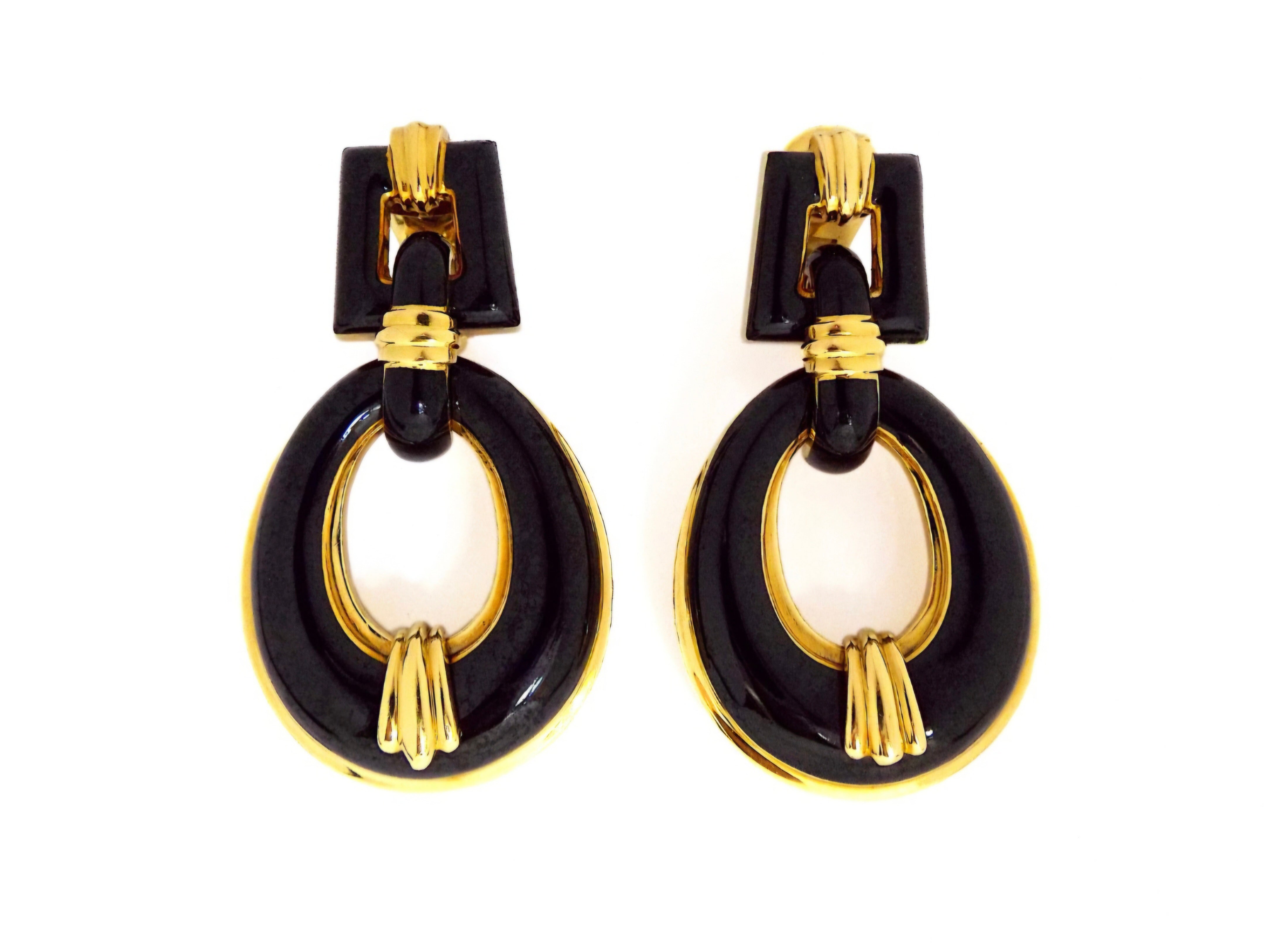 David Webb 18K Gold Black Enamel Doorknocker Earclips ASC5492