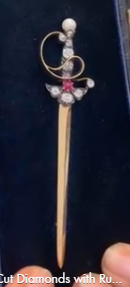 18K Sword Brooch with Natural Pearls, Ruby and old mine cut Diamonds HKDXB0973