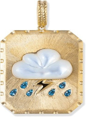 StormAysh
7.6 grams of 18K Gold- Hand Carved Mother of Pearl-
Pear shaped Aquamarine
3D Gold Bolt
 ASC5454