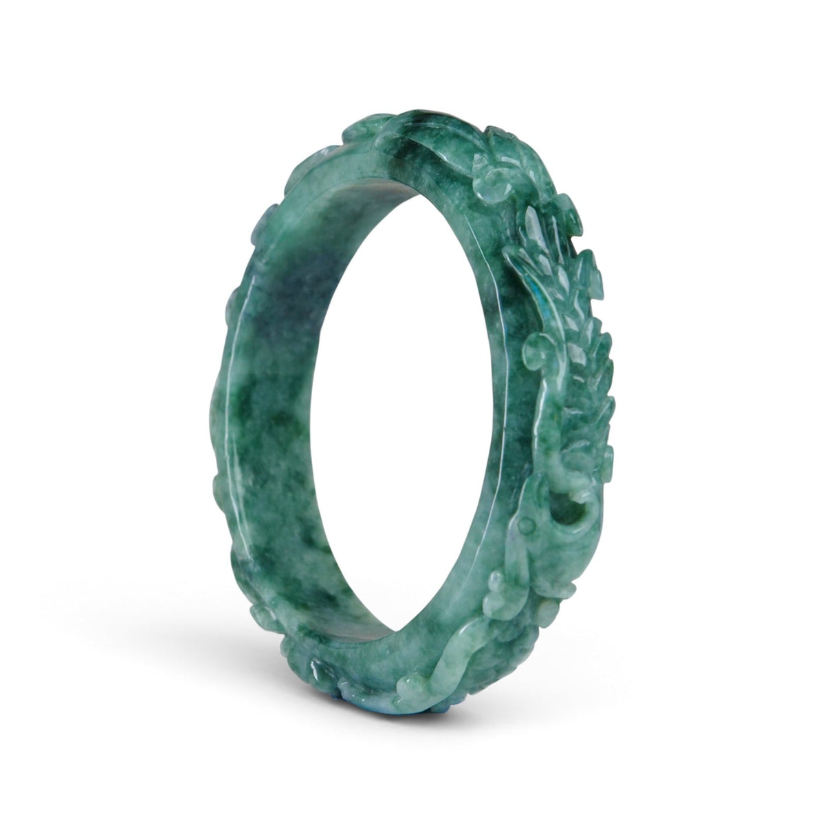Type A Dark Floating Flower Burmese Jadeite Phoenix Carved Bangle