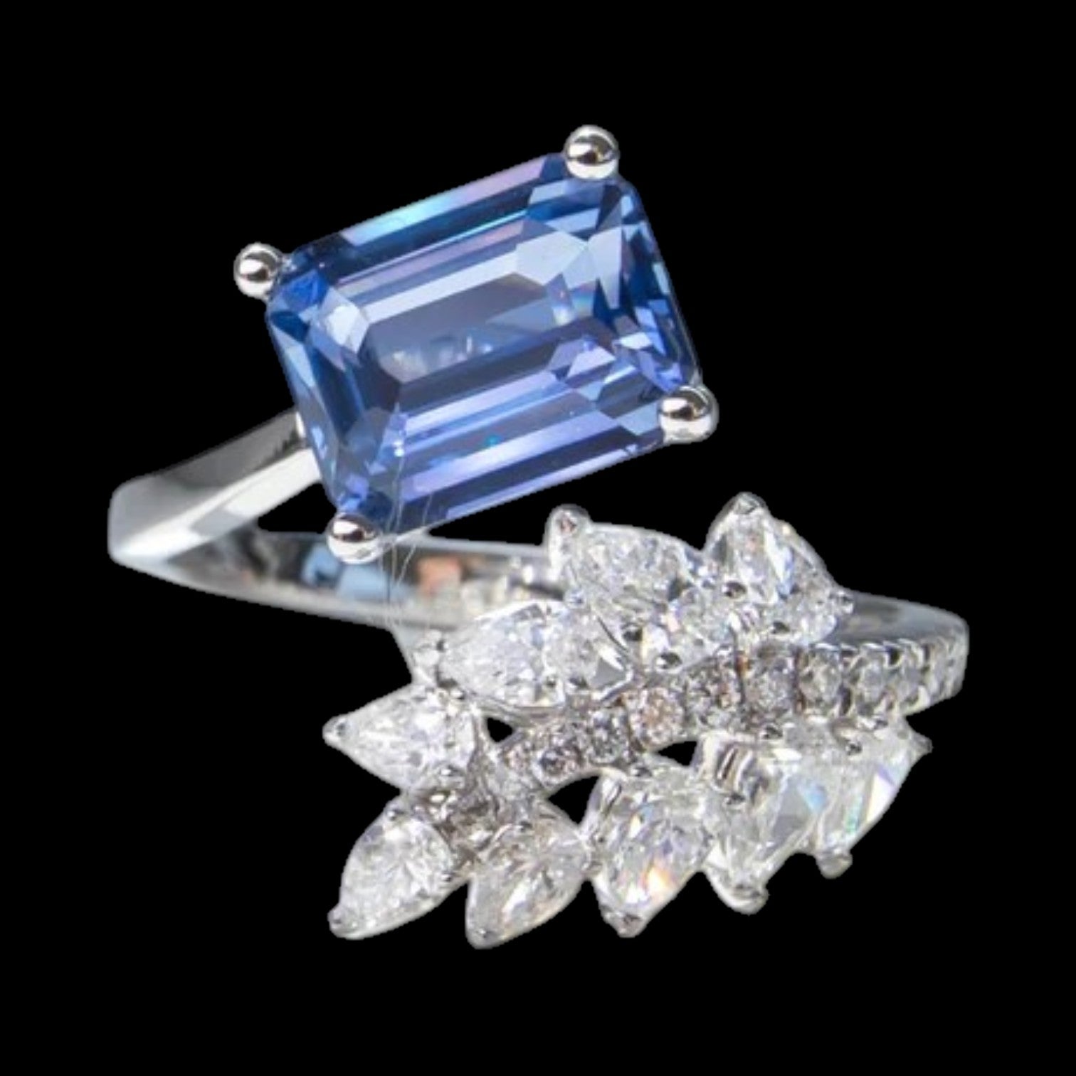 2.50ct "no heat" Sri Lankan Sapphire and 0.82ct (EF VS) Diamond Leaf Ring set in Platinum