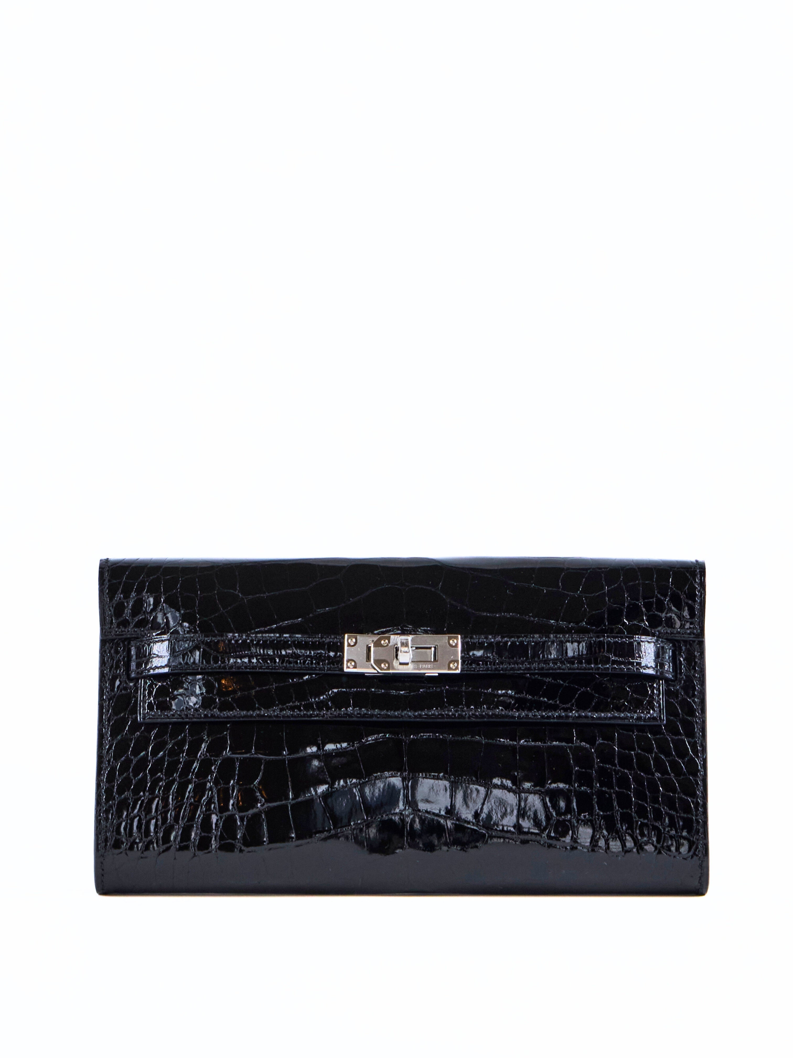 HERMÈS KELLY TO GO WALLET BLACK Shiny Alligator Leather with Palladium Hardware