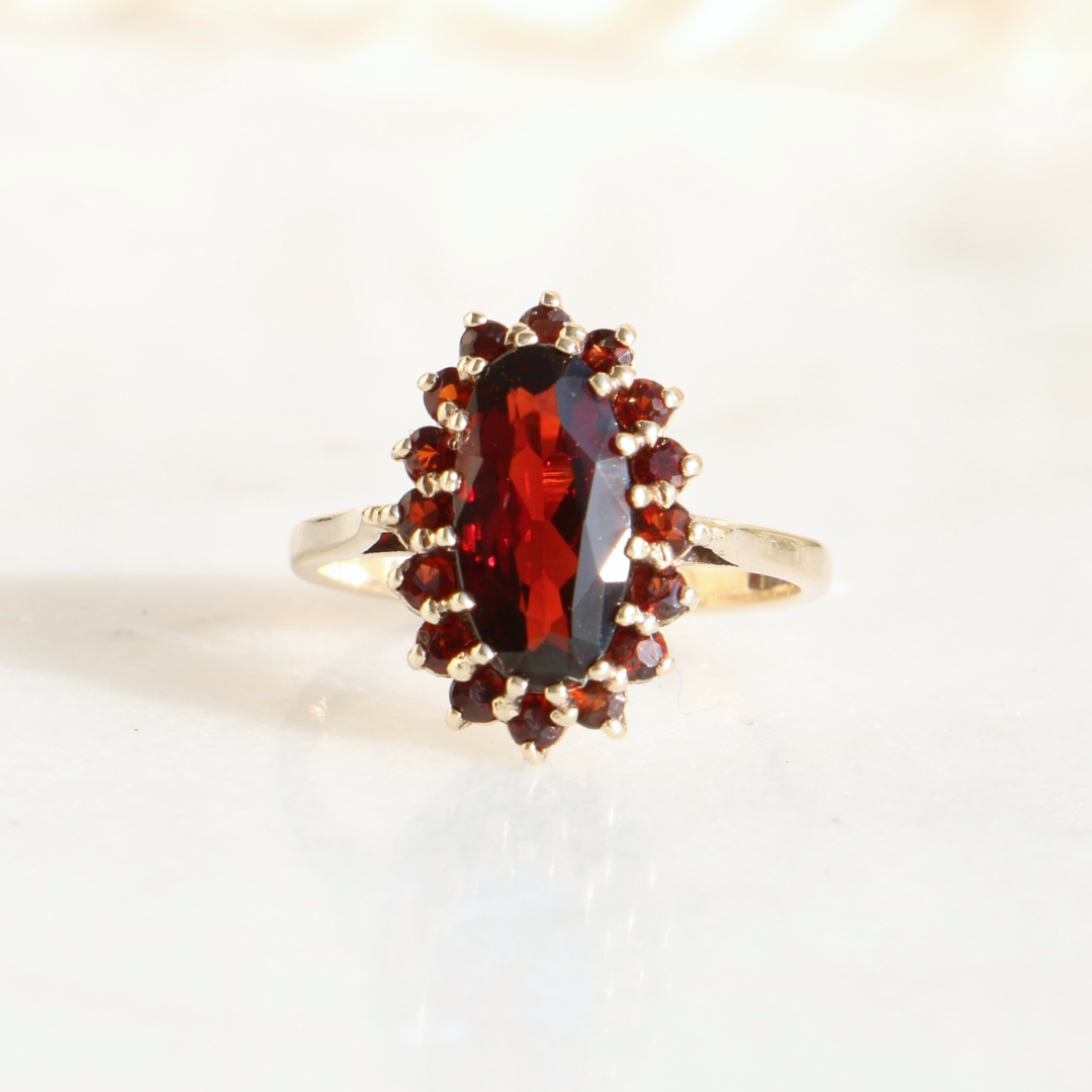 9ct Gold Oval Large Cluster Garnet Ring