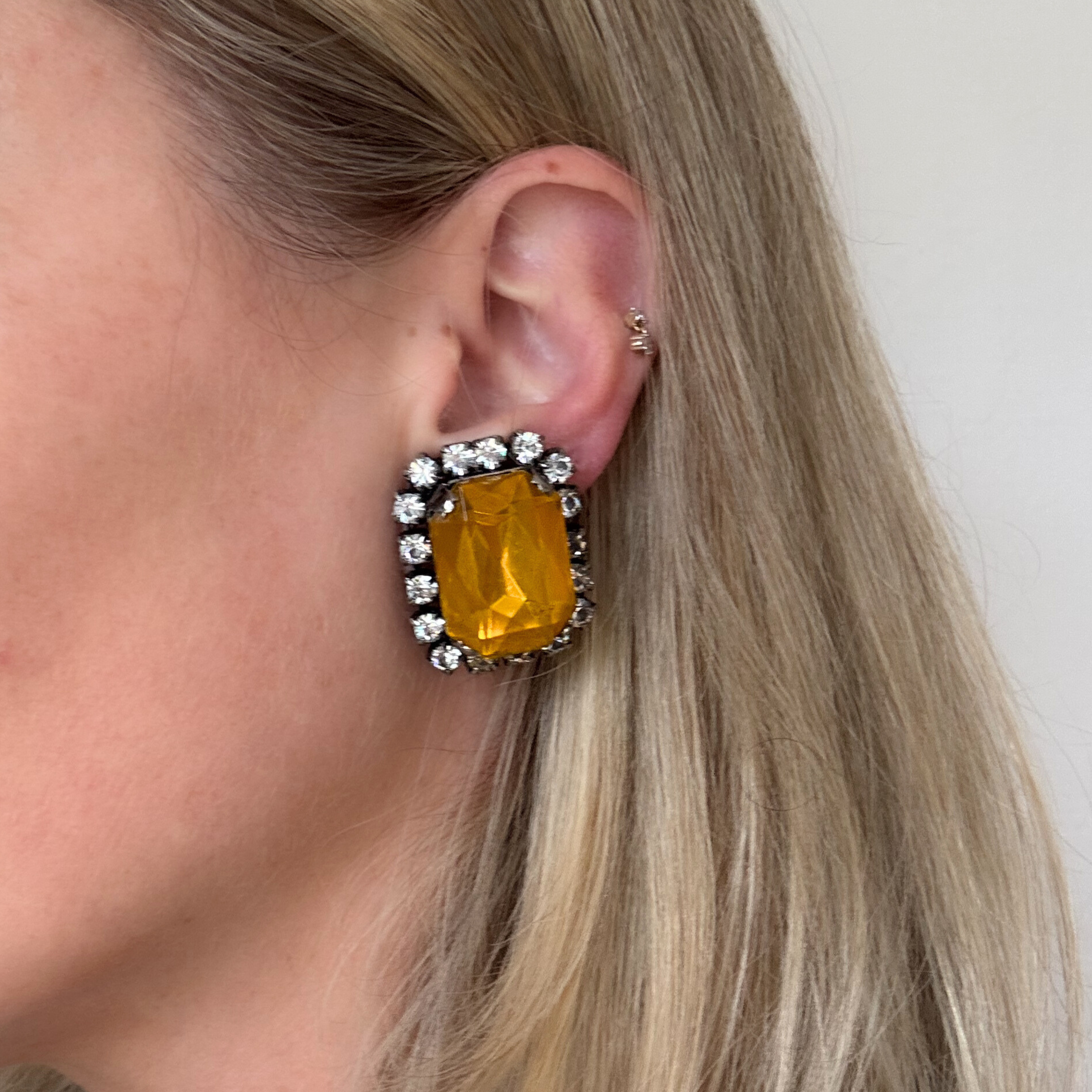 Vintage Yellow Halo Emerald Cut Earrings